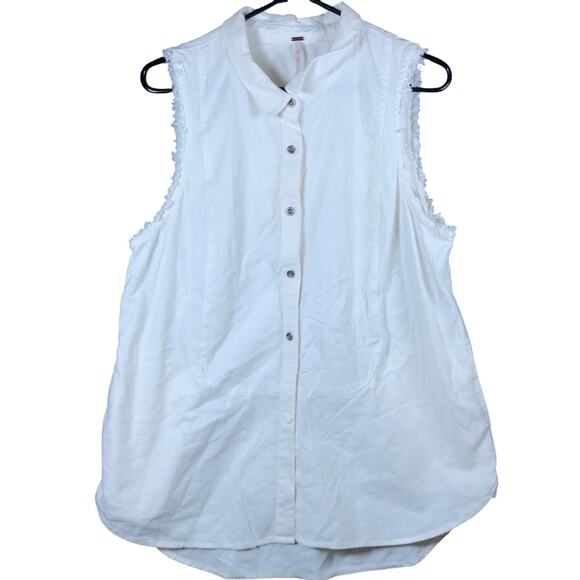 Free People Womens Shirt White Sleeveless Collared Button Down Linen Blend M - Picture 1 of 12